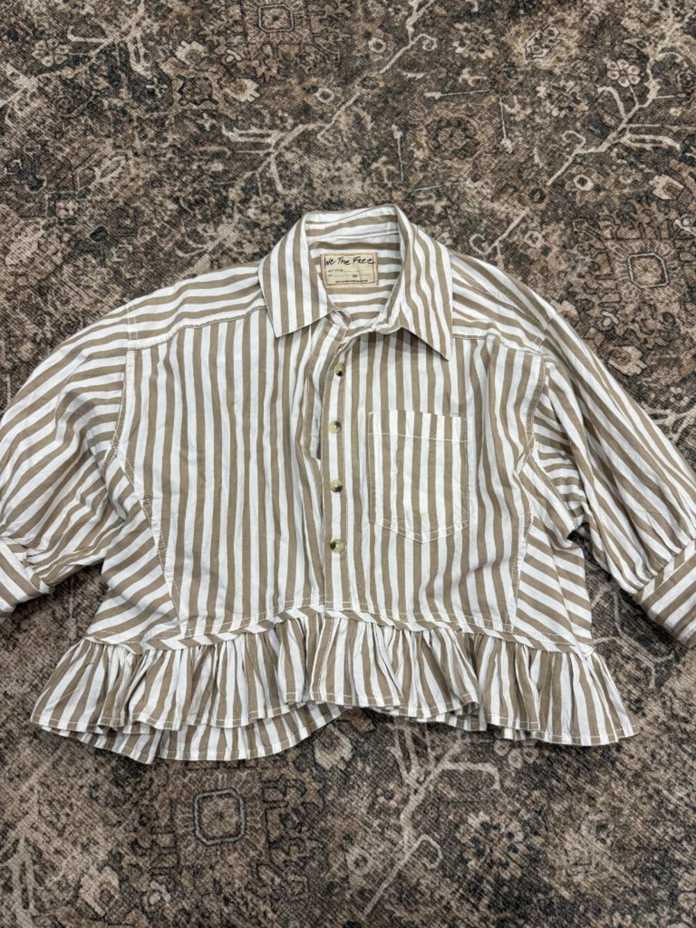 We The Free Olive White Striped Ruffle Hem Button Down Shirt XS